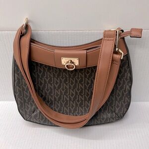 Jones New York Signature Handbag Purse Brown Monogram Pattern Faux Leather